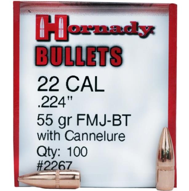 ISS2267 #3. P 22 Cal (.224) 55gr Hornady FMJ-BT & Cannelure 100's
