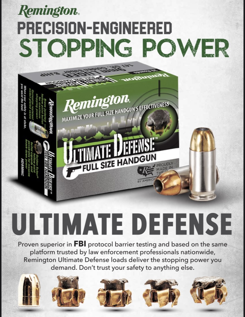 dfrem28946. Ammo 9mm L 147Gr Remington Ultimate Defense Full-Size Bonded Jacketed Hollow Point 20's